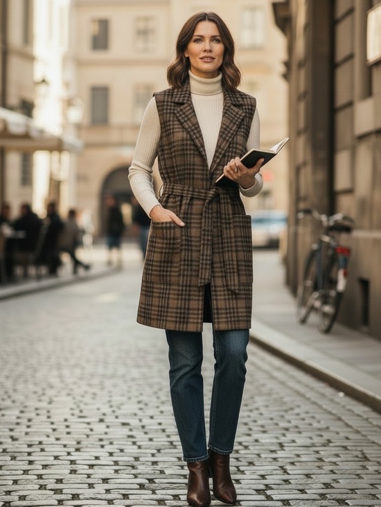 Adrienne Vittadini Sweaters - Adrienne Vittadini Brown Plaid Sleeveless Belted Cardigan Vest